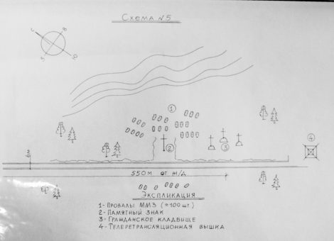 Схема расположения объектов кладбища. 2009. Источник: Архив Фонда «Покаяние» (Сыктывкар) сотрудниками предоставлены Интинского краеведческого музеям